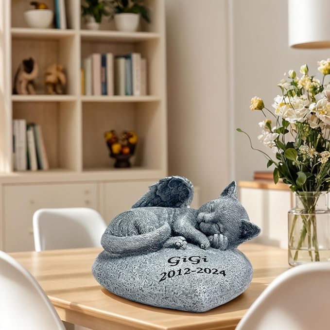 Personalized Cat Memorial Garden Statue, Angel Design, Pet Grave Marker with Engraved Name and Date