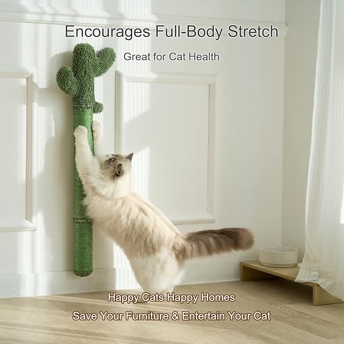 35" Extra-Tall Wall Mounted Cat Scratcher – Vertical Sisal Scratching Post for Large Cats, Space-Saving Cat Wall Climber with Self-Grooming Brush & Hanging Ball Toy, Stylish Cactus Design, Green