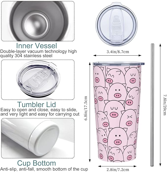 Pig Tumbler with Lid and Straw, 20 Oz Stainless Cup Steel Insulated Water Bottle Travel Coffee Mug