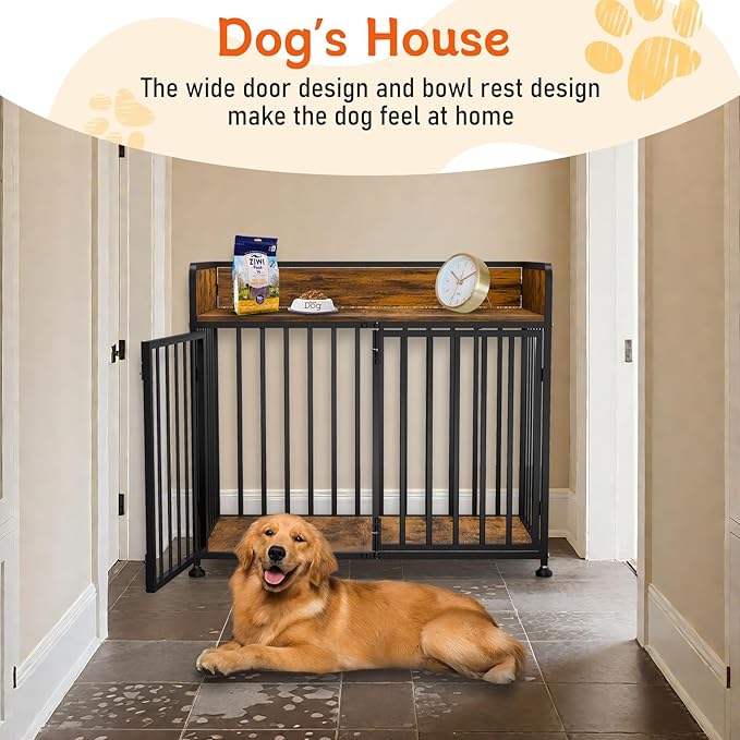 Large Dog Crate Furniture, Dog Kennel Indoor, Heavy Duty Dog Crate for Large Medium Dogs 42 Inch, Wooden Dog Cage Brown End Table with Table Guardrail