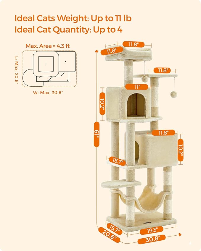 Feandrea Cat Tree, 61-Inch Cat Tower for Indoor Cats, Plush Multi-Level Cat Condo with 5 Scratching Posts, 2 Perches, 2 Caves, Hammock, 2 Pompoms, Beige UPCT192M01