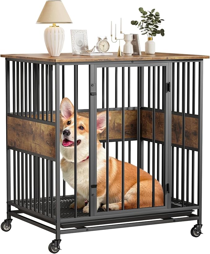 Dog Crate Furniture for Small Dogs, 31 Inch Indoor Puppy Kennel, Wooden Pet Cage Decorative Corner End Table with Caster Wheels & Removable Tray, Rustic Brown
