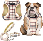 GAMUDA Small Dog Harness Collar and Leash Set, Step in No Chock No Pull Soft Mesh Adjustable Dog Vest Harnesses Plaid Reflective for Dogs Puppy Cats Kitten Rabbit (Beige, L)