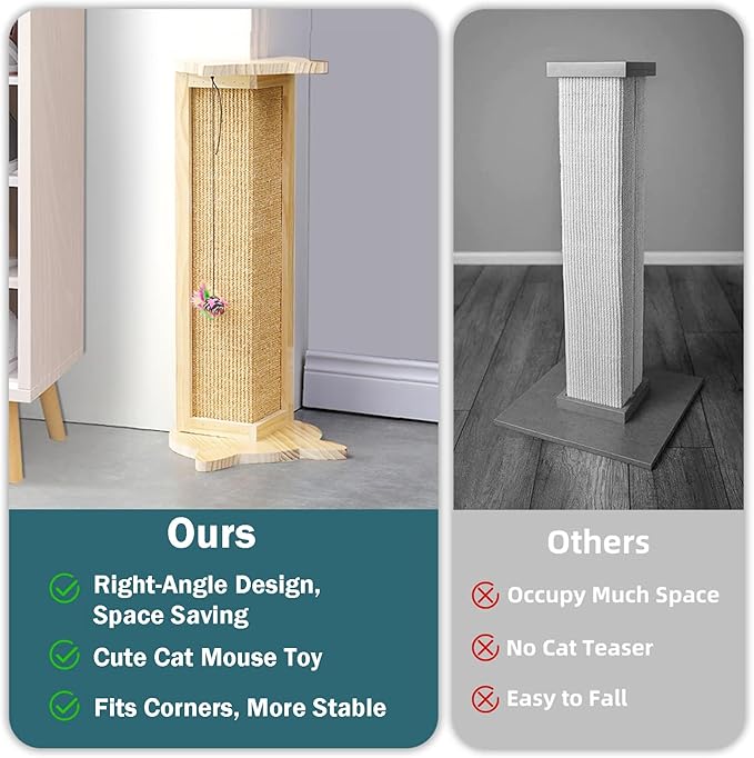 Cat Corner Scratcher, Couch Corner Cat Scratcher, Wood Corner Scratching Post for Wall, 18" Sisal Cat Scratcher for Couch Corner Indoor Cats with Mouse Toy