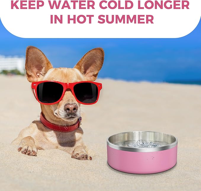 LIHONG Stainless Steel Dog Bowls for Large Dogs,Dog Food Water Bowls with Non Slip Rubber Bottom,Pet Feeding Bowl,Double Wall Insulated,Rustproof(64oz,Pink)