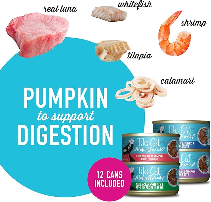 Tiki Cat Aloha Friends Variety Pack, Seafood Flavors with Pumpkin, Wet, High-Protein & High-Moisture Cat Food, For All Life Stages, 3 oz. Cans (Pack of 12)