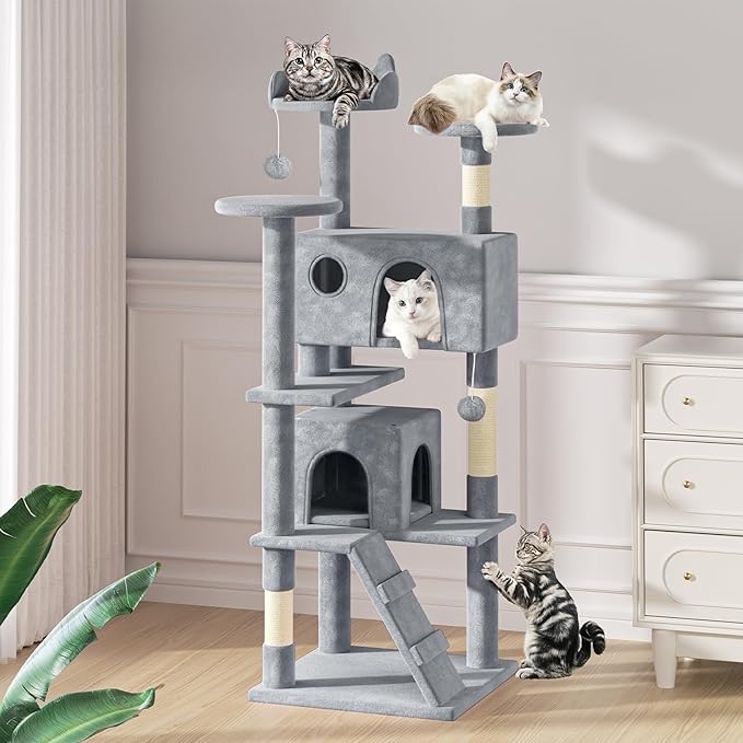 MoNiBloom Cat Tree, 70 Inch Cat Tree Tower with 2 Condo, Tall Cat Tower with Scratching Post, Cat Climbing Tower, Cat Tree for Indoor Cats, Light Grey