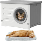 Plastic Outdoor Cat House Weatherproof&Insulated,Waterproof Elevated Cat Shelter Stackable Pet House Cat Wave for Outdoor Indoor Use with Bed Cushion (Grey)