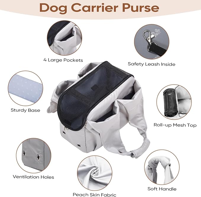 Dog Purse Carrier for Small Dogs, Cats, and Puppies – Soft-Sided Travel Pet Tote Bag with 4 Large Pockets, Foldable, Lightweight, Fits Pets up to 15 lbs, for Travel, Vet, Outings (Grey)