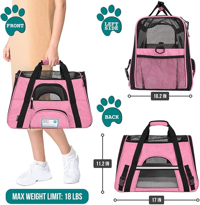 PetAmi Airline Approved Pet Carrier for Cat, Soft Sided Dog Carrier for Small Dogs, Cat Travel Supplies Accessories for Indoor Cats, Ventilated Pet Carrying Bag Medium Large Kitten Puppy, Small Pink