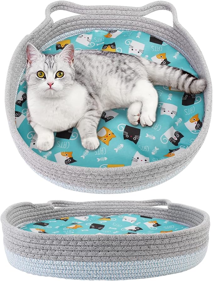 Round Cat Bed for Indoor Cats, Cat Basket Bed, Wicker Cat Donut Beds, Cooling Cat Nest for Summer Sleeping, Washable Pet Pad for Cat Scratching, Blue Grey