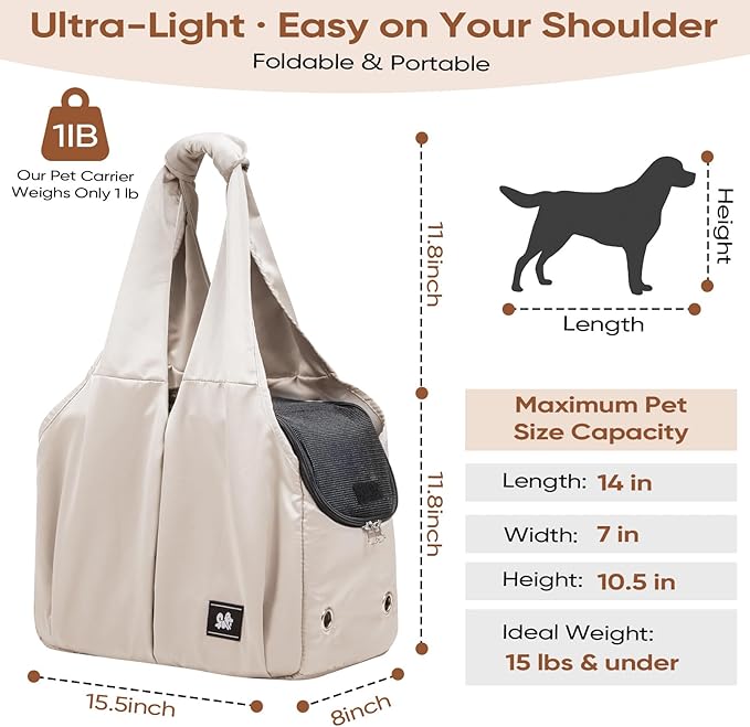 Dog Purse Carrier for Small Dogs, Cats, and Puppies – Soft-Sided Travel Pet Tote Bag with 4 Large Pockets, Foldable, Lightweight, Fits Pets up to 15 lbs, for Travel, Vet, Outings (Beige)