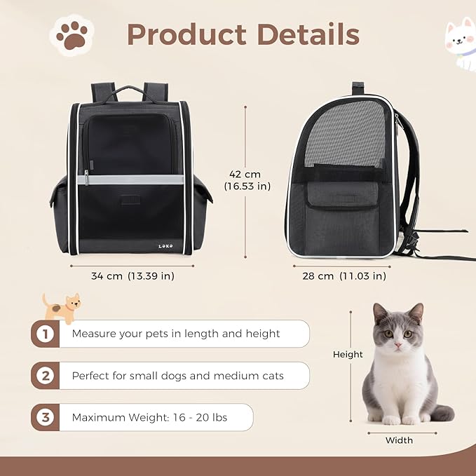 Lekereise Cat Backpack Carrier, Pet Carrier Backpack for Small Dogs Medium Cats Fit Up to 18 Lbs, Dogs Foldable Backpack Carrier for Travel, Hiking, Black