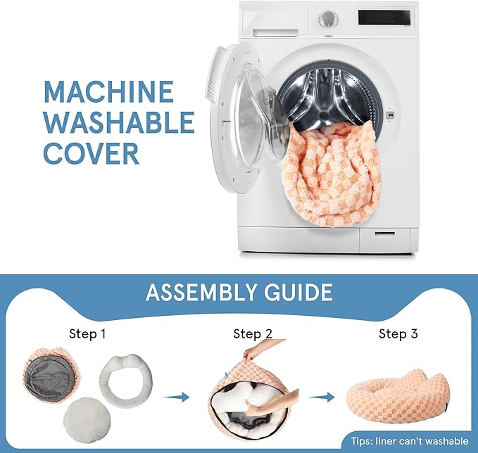 Round Dog Bed for Small Dogs & Cats -Washable Dount Cute Cat Bed for Indoor Cats, Orthopedic Sherpa Fleece Soft Cozy Calming Pet Bed with Removable Zipper Cover (Orange Check, (23x23x8inches))