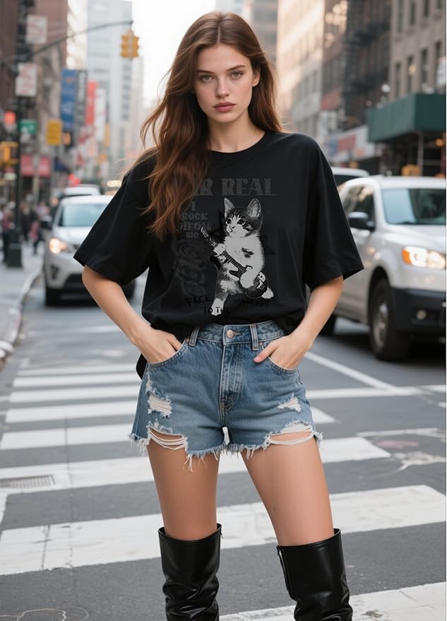 Y2k Graphic Unisex Tees Rock Guitar Cat T-Shirt Short Sleeve Oversized Tee Vintage Retro Grunge Streetwear Shirts