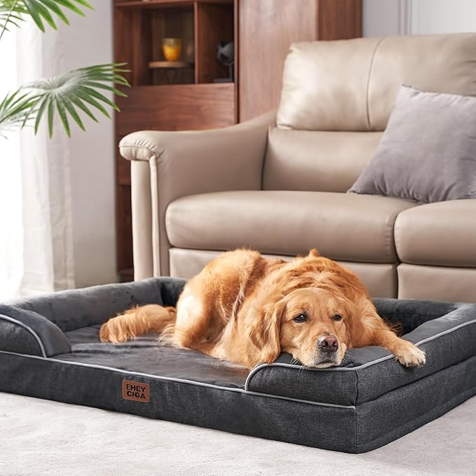 EHEYCIGA Orthopedic Dog Beds for Large Dogs, Waterproof Memory Foam Large Pet Bed with Sides, Non-Slip Bottom and Egg-Crate Foam Dog Couch Bed with Washable Removable Cover, Dark Grey
