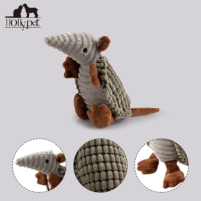 Hollypet Plush Dog Squeaky Toy Stuffed Armadillo Animal Pet Puppy Chew Toys with Clean Teeth for Small Medium Large All Breed Sizes Dogs, Olive Drab, 8 in