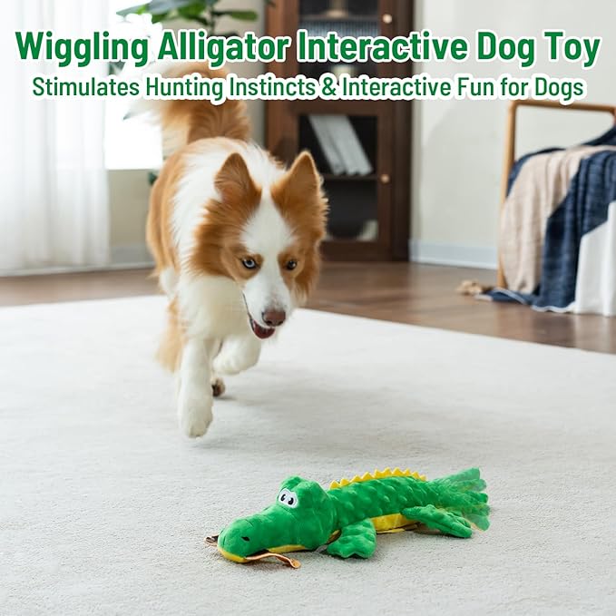 Alligator Interactive Dog Toys, Motion Activated Plush Dog Toys to Keep Dogs Busy, Wiggling Tail Interactive Dog Toy for Small/Medium/Large Dogs, USB Rechargeable Puppy Toys