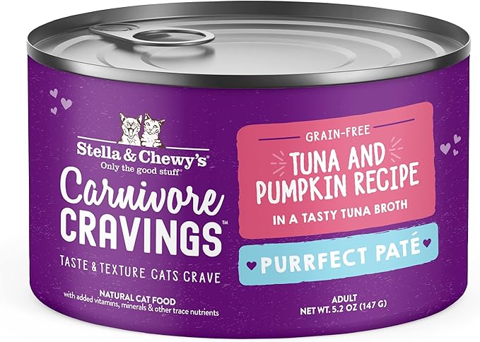 Stella & Chewy's Carnivore Cravings Purrfect Paté - Premium Grain-Free Wet Cat Food - Tuna & Pumpkin Recipe - High Protein with Bone Broth - Perfect for Picky Eaters - 5.2oz Cans (24 Pack)
