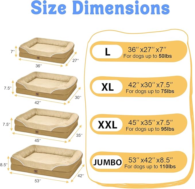 Washable Orthopedic Large Dog Bed -XL Large Dog Bed with Removable & Waterproof Cover Pet Beds with Foam Support for Big Size Dogs with Bolster