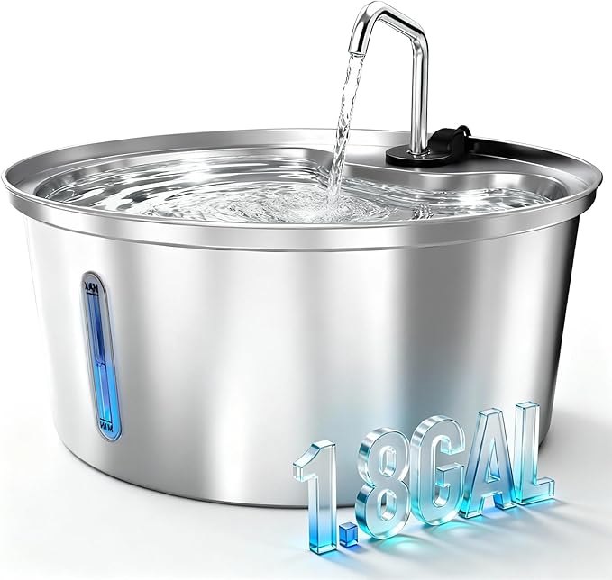 Dog Water Fountain Stainless Steel, 7L/1.8Gal Pet Fountain Water Bowl with Multi-Filtration & Deeper Drinking Aera, Large cat Water Fountain with Water Window & LED, Ultra-Quiet