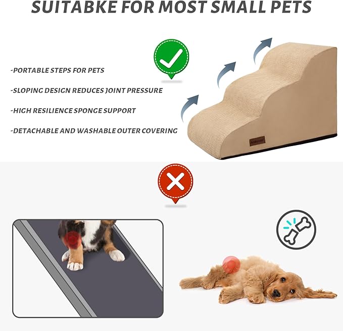 3-Step Dog Ramp and Stairs for Sofa and Chair - Non-Slip Sturdy Pet Steps for Small Dogs and Cats,15.7" H,Khaki