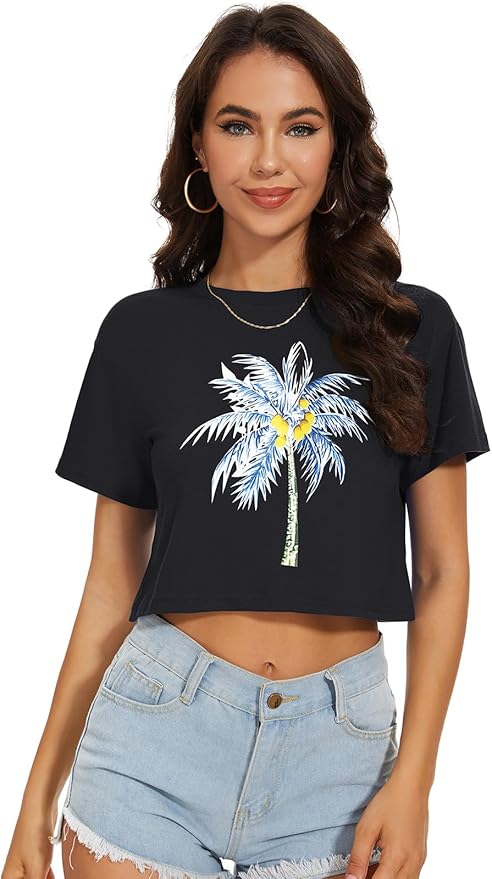 Womens Summer Crop Tops Short Sleeve Round Neck T-Shirts Loose Fit Casual Blouse