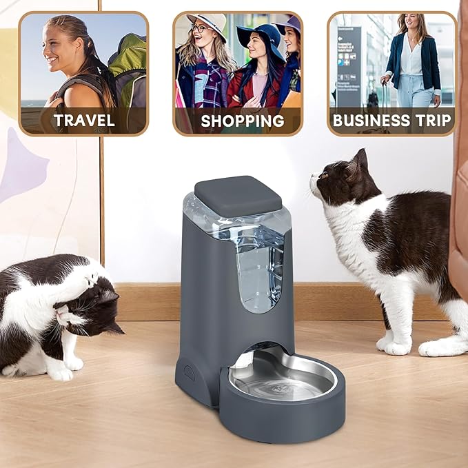 Automatic Cat Feeder Water Dispenser with Stainless Steel Bowl Dog Gravity Food Waterer for Small Medium Pets 1 Pack (Dark Grey)