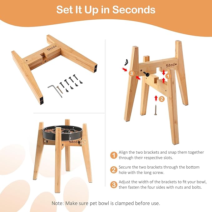 Sted Locking Elevated Dog Bowl Stand for Large Dogs, Adjustable Width 6.5-8.5 Inches Raised Dog Bowl Stand, 8.5" Tall Dog Food Bowl Holder, Bamboo Dog Slow Feeder Stand
