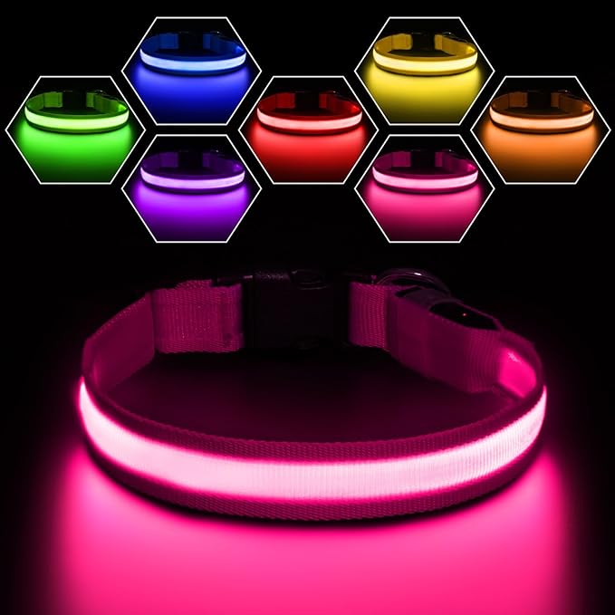 Pceotllar Light Up Collar - Rechargeable Led Dog Collar with Automatic 7-Color Changes, Water Resistant, Night Walking with High Visibility, Bright Glow (Pink, M)