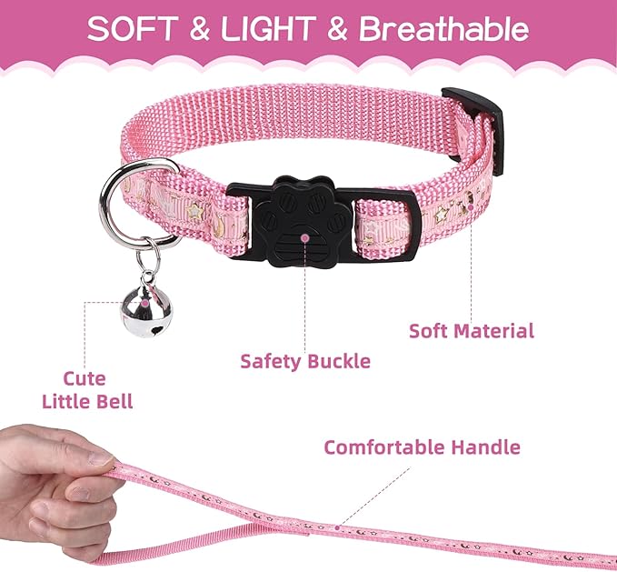 PAWCHIE Cat Harness with Leash and Collar Set - Escape Proof Adjustable H-shped Cat Harness with Star and Moon Pattern Glow in The Dark for Kitty Outdoor Walking, Pink M