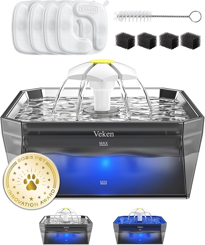 Veken Small Pet-Friendly Cat Water Fountain with Stainless Steel Lid & Quiet Pump, Easy to Clean & Assemble, 50oz Mini Pet Water Dispenser with 4 Replacement Filters & 4 Pre-Filter Sponges, Silver