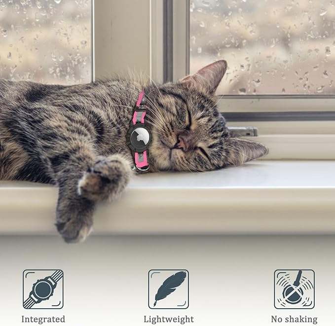 Reflective AirTag Cat Collar, Integrated Cat Tracker Collar with Air Tag Holder and Bell, Safety Elastic Band Cat GPS Collars for Girl Boy Cats, Kittens and Puppies (Hotpink,S)