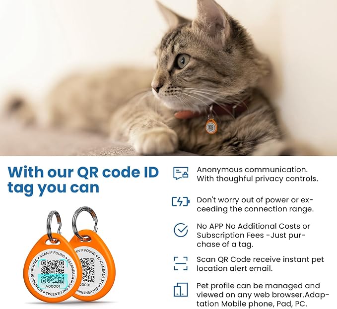3 Pack Cat Tags Personalized Small, QR Code Cat Name Tags for Kitten Collar, Scan Location Alerts, Blue,Orange,Green S
