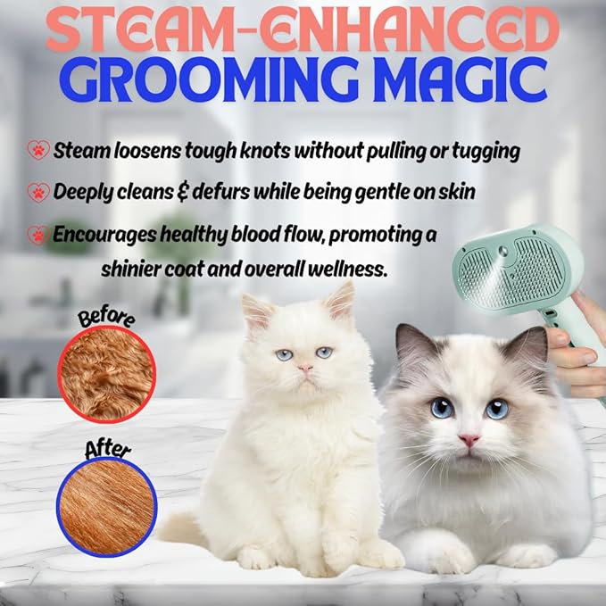 Pet Steam Brush for Cats Dogs, 3-in-1 Cat Grooming Tool with Water Spray and Quick Hair Release Button, Hair Removal Comb for Shedding, Steamy Brush (Geen)