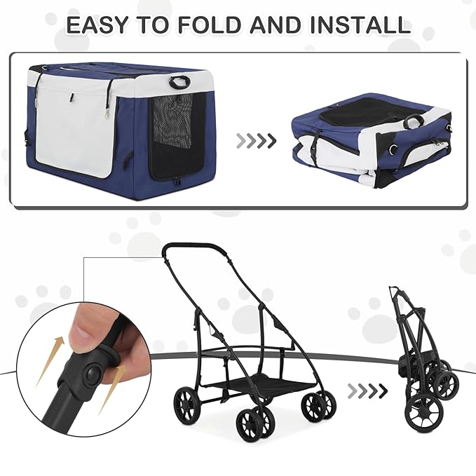 MoNiBloom Dog Cat Stroller for Dogs Cats, 4 Wheels Pet Stroller Jogger w/Detachable Carrier, Travel Strolling Cart, Soft Collapsible Dog Crate