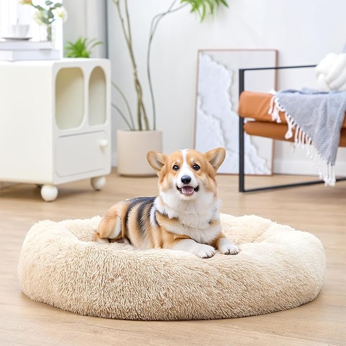 Donut Dog Bed, Dog Beds, Cat Bed, Washable Round Bed for Medium Dogs, Indoor (Light Brown,32", M)