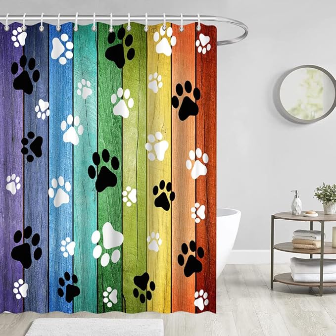 Dog Paws Shower Curtain Rustic Old Barn Wood Board Black White Cute Dogs Cat Pet Paw Abstract Animal Footprint Pattern Print Modern Bath Decor Curtains with Hooks 70Wx80H Inch