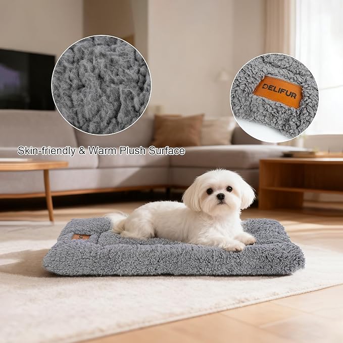 DELIFUR Warm Pet Stroller Pad - Non-Slip Kitten Puppy Bed Mat Soft Plush Winter Liner with Silicone Grips for Crate & Hard Floors Machine Washable Grey