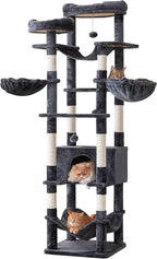 77-Inch Tall Cat Tree for Indoor Cats, Multi-Level Large Cat Tower with 4 Hammocks, 2 Padded Perches, Cat Condo, Sisal Scratching Posts and Hanging Toys for Large Adult Cat, Smoky Grey