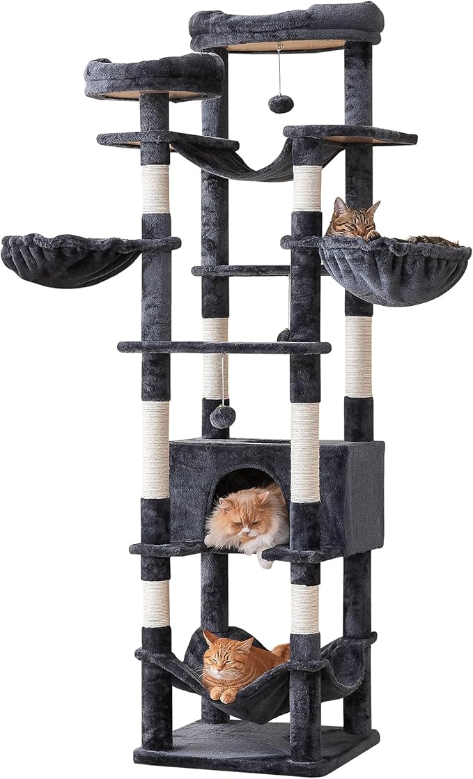 77-Inch Tall Cat Tree for Indoor Cats, Multi-Level Large Cat Tower with 4 Hammocks, 2 Padded Perches, Cat Condo, Sisal Scratching Posts and Hanging Toys for Large Adult Cat, Smoky Grey