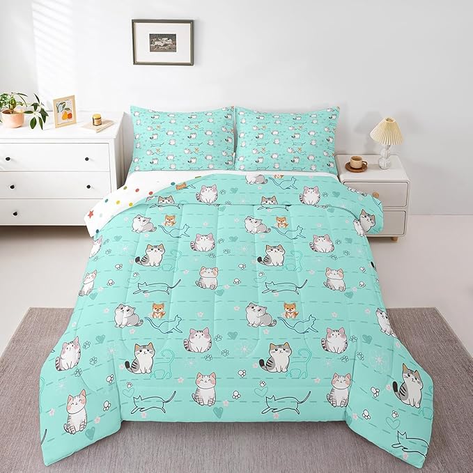 Kids Cute Bedding for Teen Girls Boys Cartoon Cat Comforter Set King, Kawaii Kitten Duvet Insert Corgi Puppy Quilt Comforter, Animal Pet Bedding Comforters & Sets Geometry Stripe Decor, Teal 3pcs