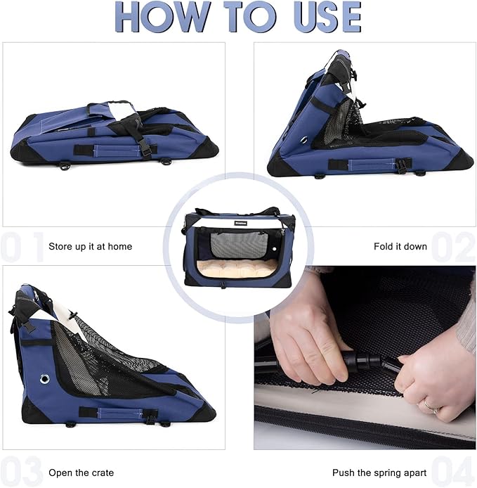 Large Cat Carrier, Collapsible Dog Travel Crate Portable Soft-Sided Pet Carrier with Super Soft Warm Plush Mat for Indoor and Outdoor 20x14x14in,Navy Blue