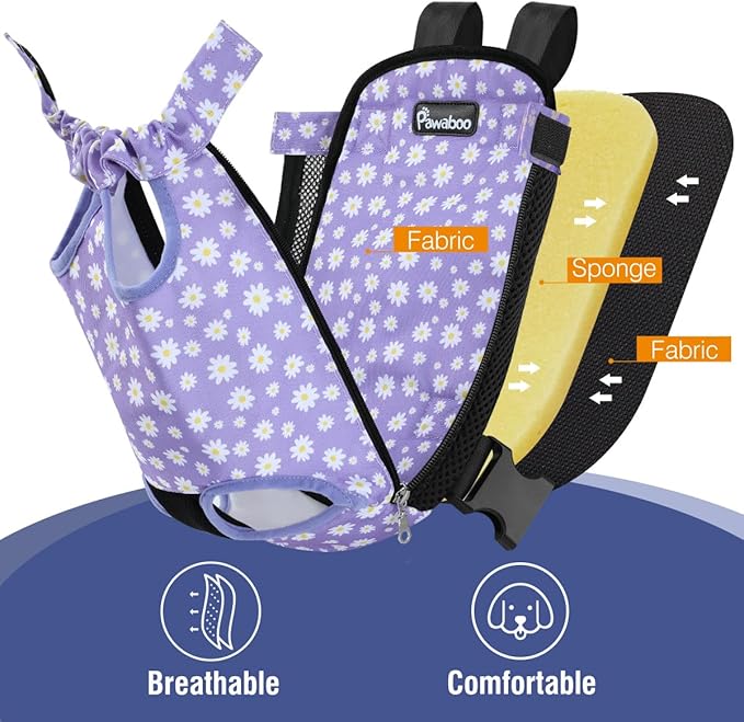 Pawaboo Pet Carrier Backpack, Adjustable Pet Front Cat Dog Carrier Backpack Travel Bag, Legs Out, Easy-Fit for Traveling Hiking Camping for Small Medium Dogs, Medium Size, Black & Purple Daisy