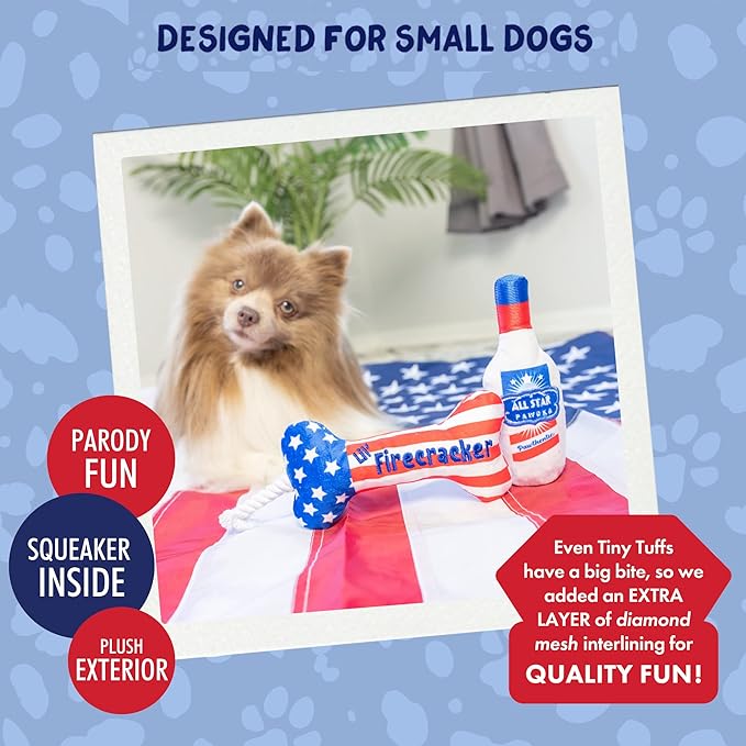 Huxley & Kent Tiny Tuff | Red, White, & Booze | Extra Tough Dog Toy for Small Dogs | 2-Pack Funny Dog Toy | Features Squeaker, Crinkle | Machine Washable