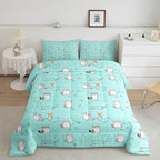 Kids Cute Bedding for Teen Girls Boys Cartoon Cat Comforter Set King, Kawaii Kitten Duvet Insert Corgi Puppy Quilt Comforter, Animal Pet Bedding Comforters & Sets Geometry Stripe Decor, Teal 3pcs