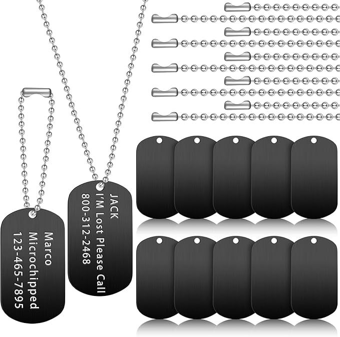 20 Pieces Military Dog Tags Set Including 10 Stainless Steel Army Blank Dog Tags 10 Steel Chains Personalized Pet Oval Pendant Necklaces for Stamping Engraving DIY Halloween Craft(Black)