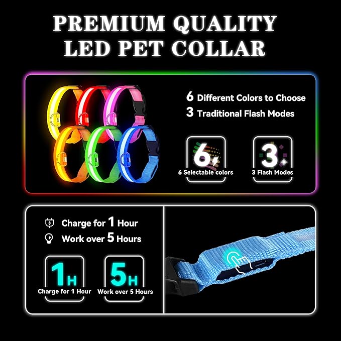 LED Light Up Dog Collar Rechargeable Waterproof, Glow in Dark Dog Collar, Lighted Dog Collars for Night Walking Charging USB, Safety for Small Medium Large Dogs (S, Blue)
