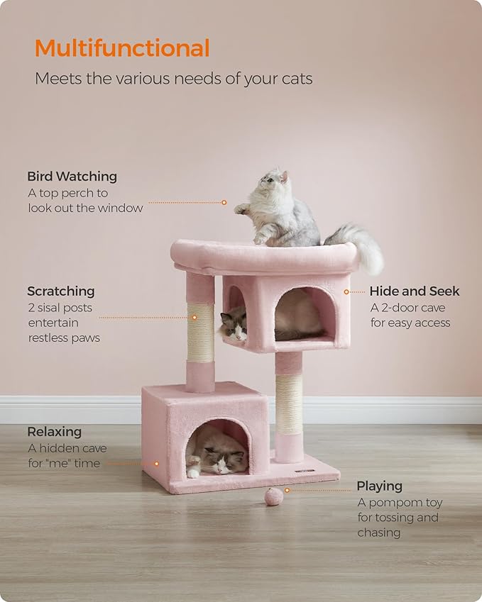 Feandrea Cat Tree, 33.1-Inch Cat Tower, L, Cat Condo for Large Cats up to 16 lb, Large Cat Perch, 2 Cat Caves, Scratching Post, Jelly Pink UPCT061P01