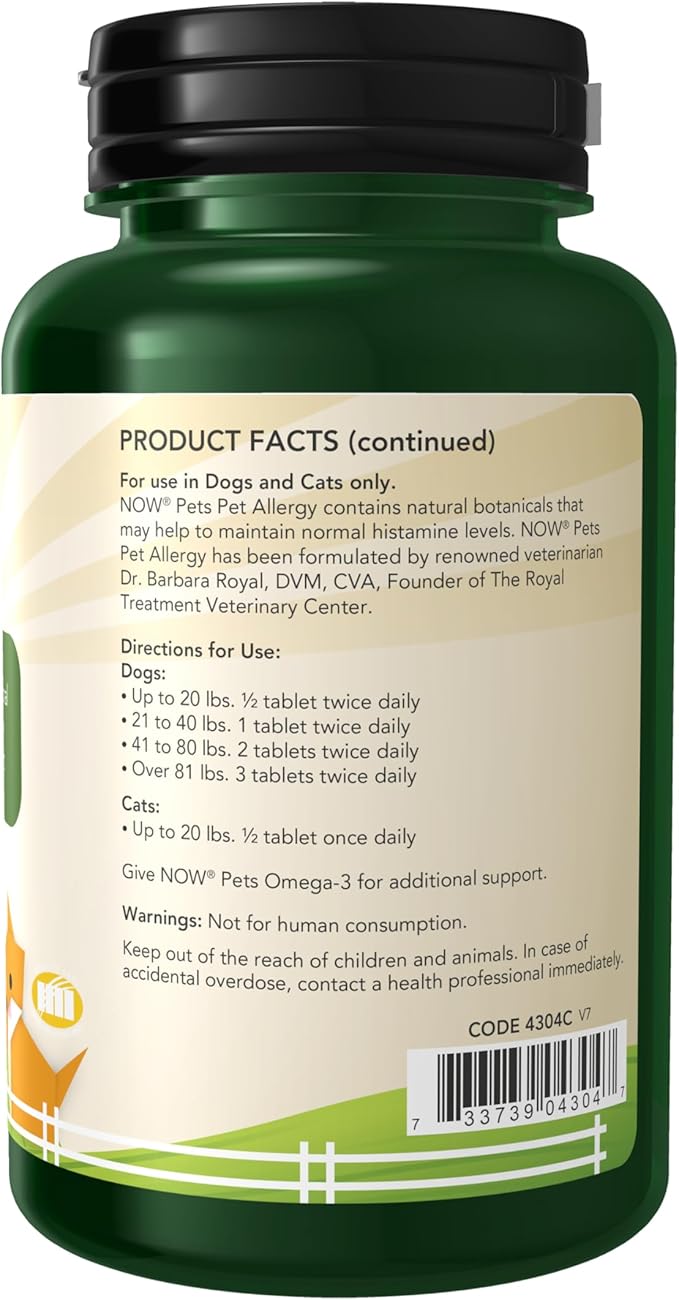 NOW Pet Health, Pet Allergy Supplement, Formulated for Cats & Dogs, NASC Certified, 75 Chewable Tablets